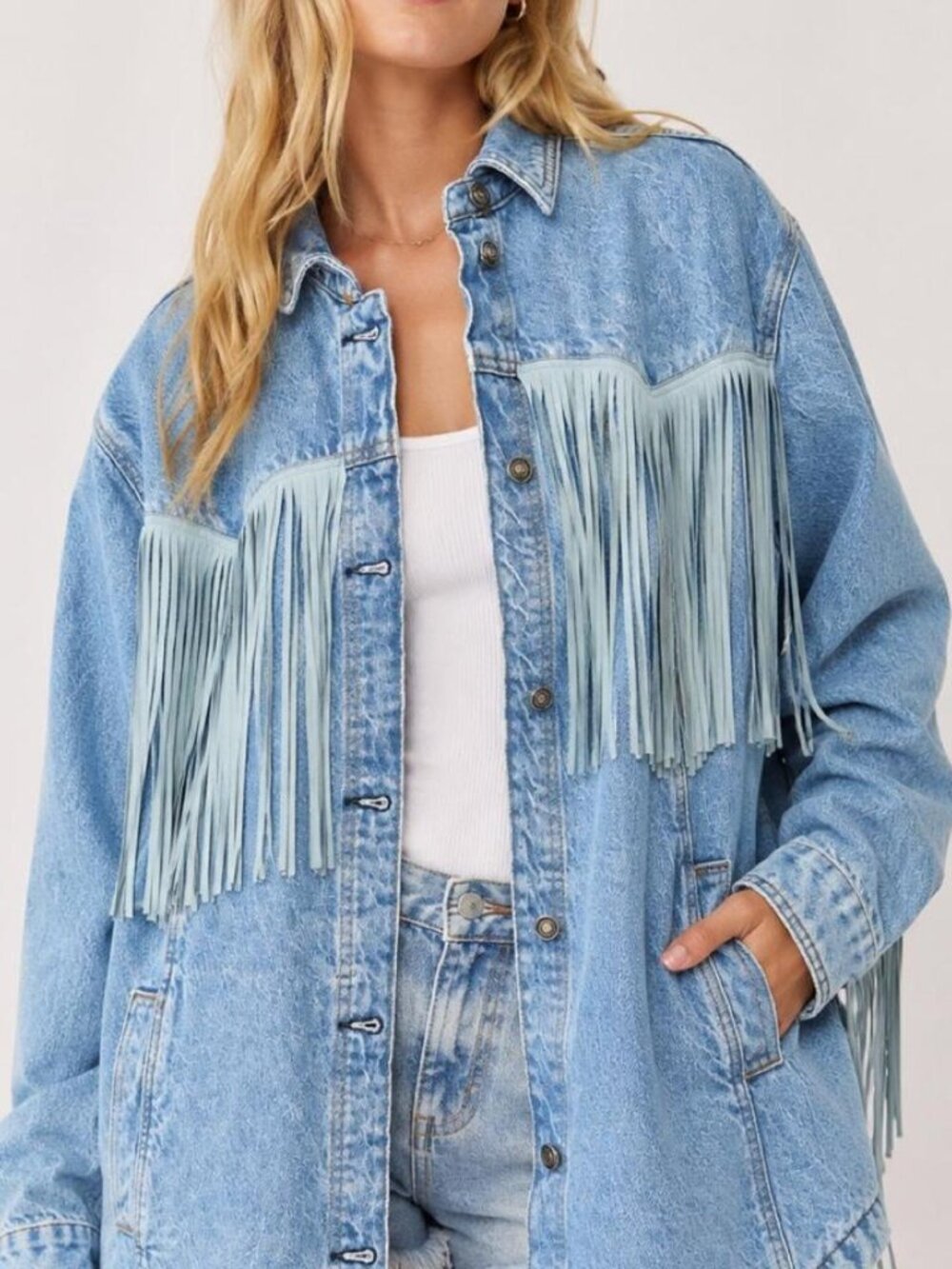 Free People Women's Blue Fringe Jacket